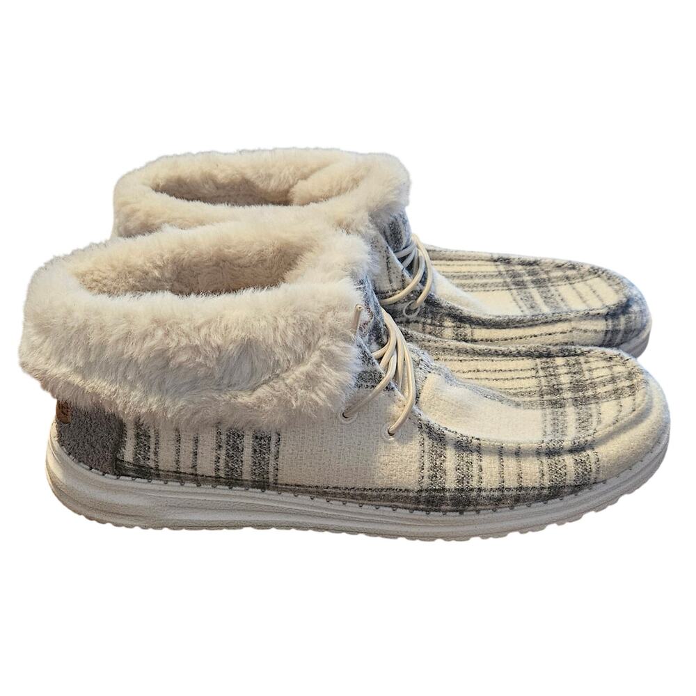 Hey Dude Wendy Faux Fur Plaid Gray Womens Size 9 Walking Shoes Slip On Sneakers